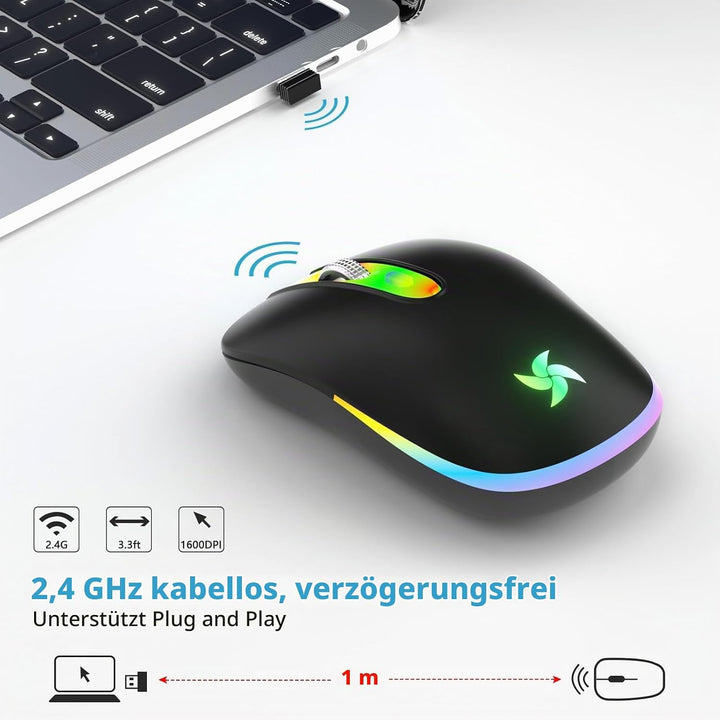 Maus Kabellos 2.4G USB Funkmaus 3DPI Wiederaufladbare Laptop mit USB-Empfänger 7 Typen LED Beleuchte