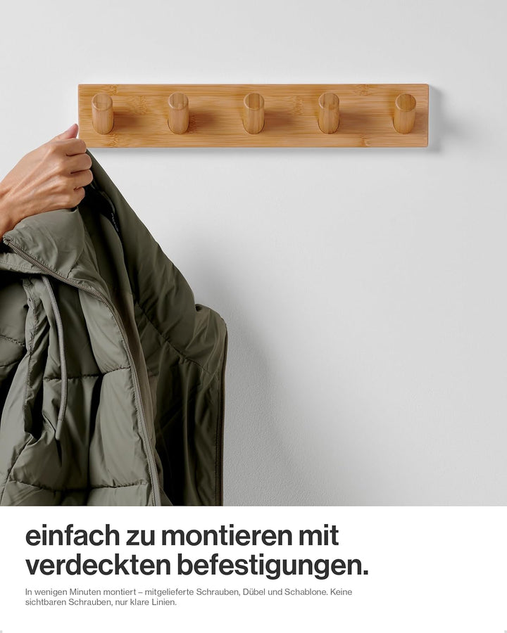 LARHN Garderobenleiste Holz mit 5 Haken XL (2 Stk.), 42cm - Wandgarderobe, Jackenhalter Wand, Hakenl
