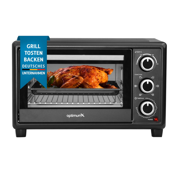 OptimumX 20 L Minibackofen, Klein mini Backofen mit Umluft, 60 Min Timer, Pizza-Ofen, 1380 W, Schwar