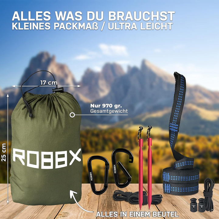 ROBBX® Hängematte Outdoor mit Moskitonetz für 2 Personen | 300kg Traglast | Doppelhängematte mit Bef