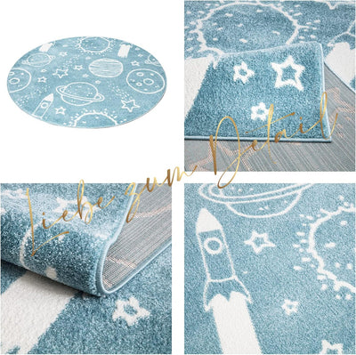 payé Teppich Kinderzimmer Rund - Blau - 120x120cm - Galaxy Unviersum Weltall Stern Rakete Spielteppi