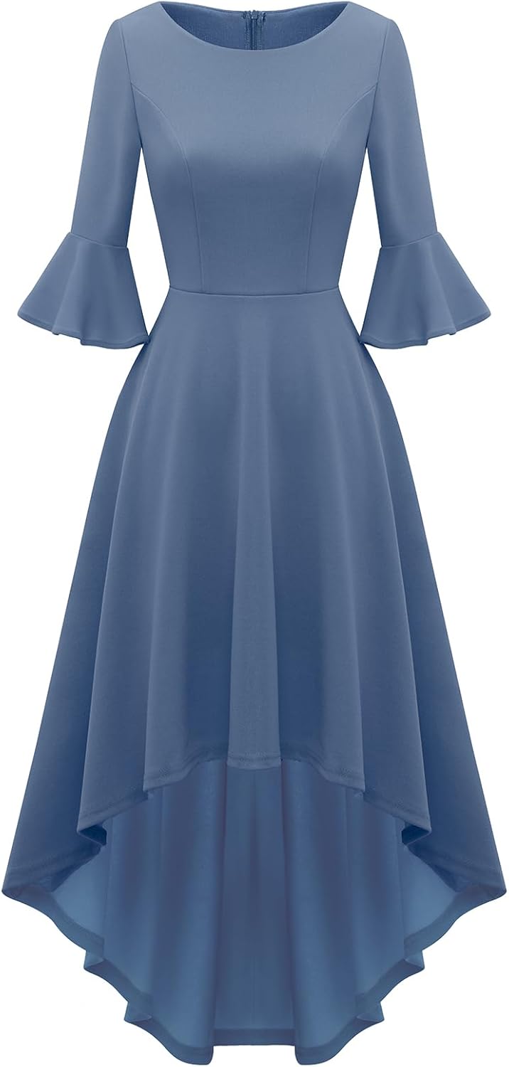 Gardenwed Festliches Kleid Damen 3/4 arm Flare Bell Sleeve Rundhals Kleider High-Low Cocktailkleider