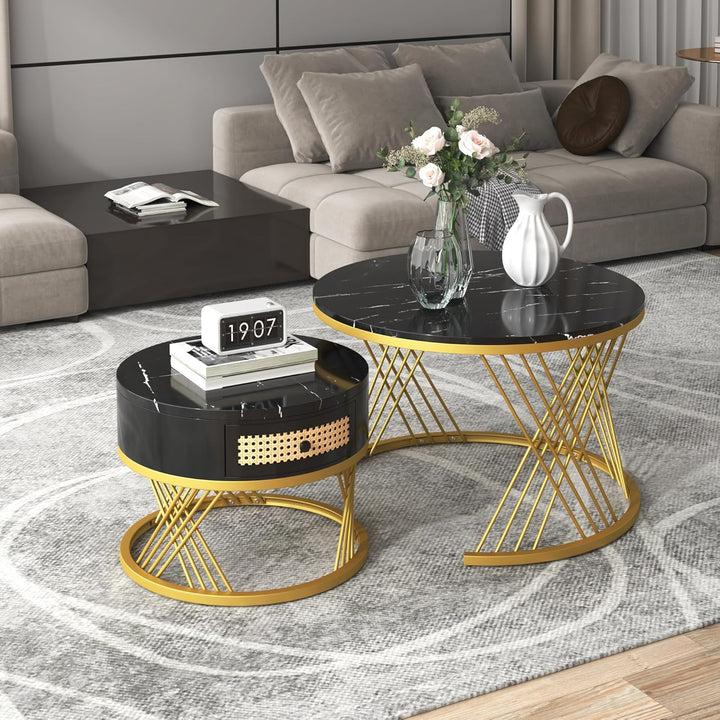 Merax Rund Couchtisch Set, 2-in-1 Beistelltisch mit Stauraum Satztisch Modern Wohnzimmertisch mit Ho