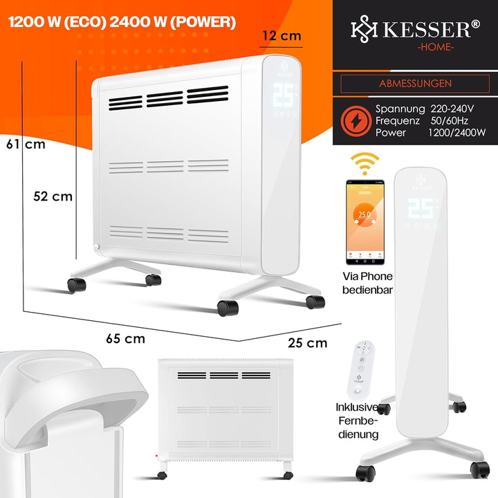 KESSER® Konvektor Premium 1200W ECO 2400W Power Mode Heizstufen Thermostat Elektroheizung WiFi App &