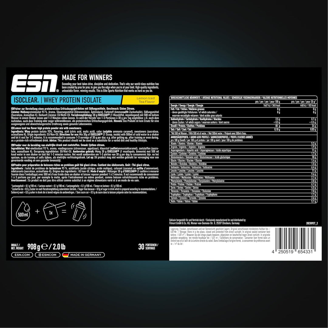 ESN ISOCLEAR Whey Isolate Protein Pulver, Lemon Iced Tea, 908 g, Proteinlimo mit fruchtig leckerem G