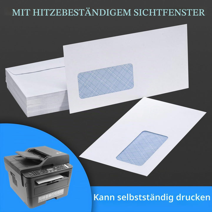 100 Briefumschläge mit Fenster, DIN Lang 225 x 116 mm, Laserbedruckbar, Hitzebeständiges Folienfenst