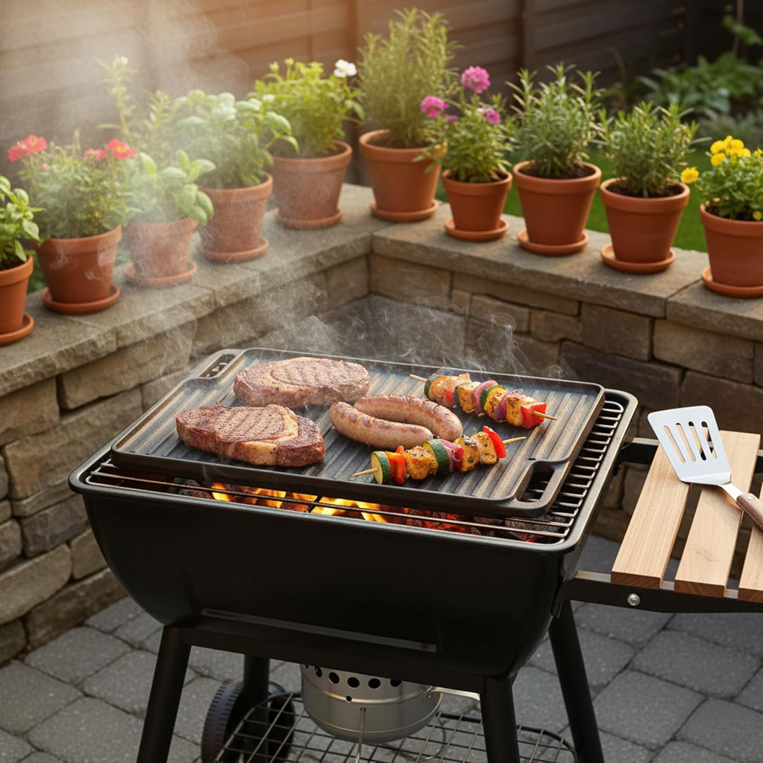 BBQ-Toro Gusseisen Grillplatte mit Griffen | 40 x 23 cm | Wendeplatte, beidseitig verwendbar | Recht