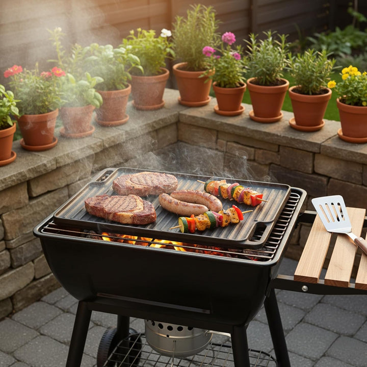BBQ-Toro Gusseisen Grillplatte mit Griffen | 40 x 23 cm | Wendeplatte, beidseitig verwendbar | Recht