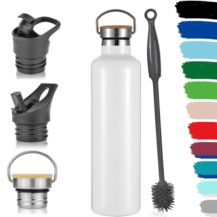Milu Edelstahl Trinkflasche 350ml 500ml 750ml 1000ml (+3 Deckel) Thermosflasche mit Strohhalm, Isoli