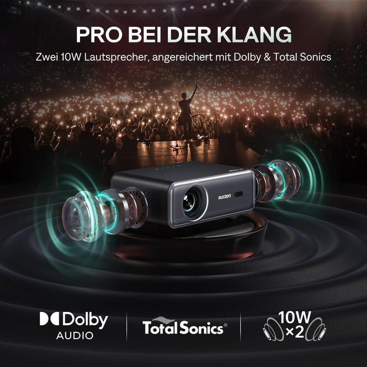 Aurzen Smart Beamer mit DoIby Audio ＆ 4K Unterstützung, Projektor Full HD 1080P, Autofokus ＆ Trapezk