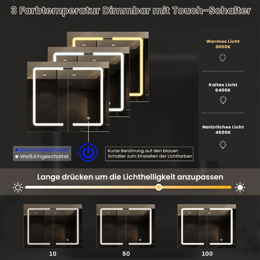 DICTAC Badezimmer spiegelschrank mit Beleuchtung 80x60x16cm Spiegelschrank Bad mit LED und Steckdose