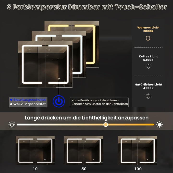 DICTAC Badezimmer spiegelschrank mit Beleuchtung 80x60x16cm Spiegelschrank Bad mit LED und Steckdose