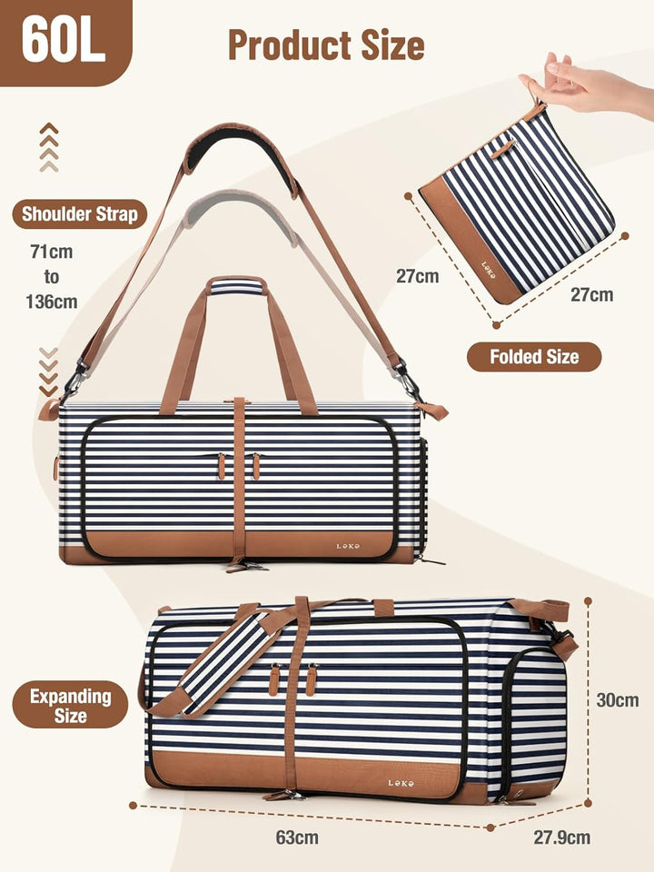 Lekesky Reisetasche Damen 60L 80L 100L mit Schuhfach, Faltbare Reisetasche Weekender Sporttasche fur