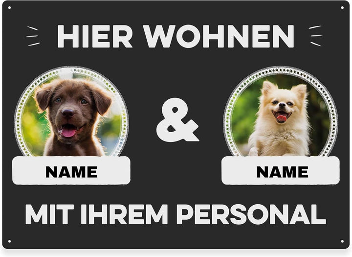Hunde Schild personalisiert - Hier wohnt mit Personal - Metallschild mit Foto und Name für aussen, w