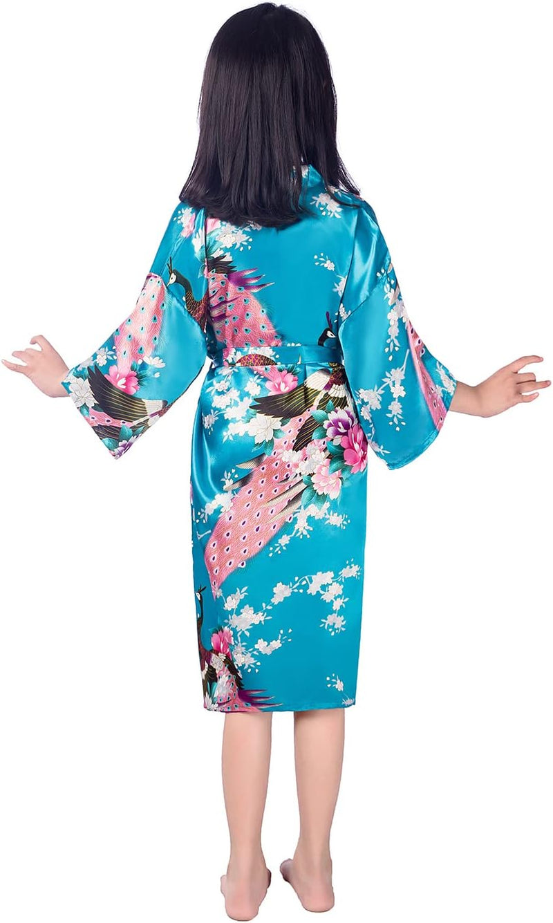 Westkun Mädchen Kimono Kinder Morgenmantel Satin Seide Japanisch Roben Kurze Blumen Muster Bademante