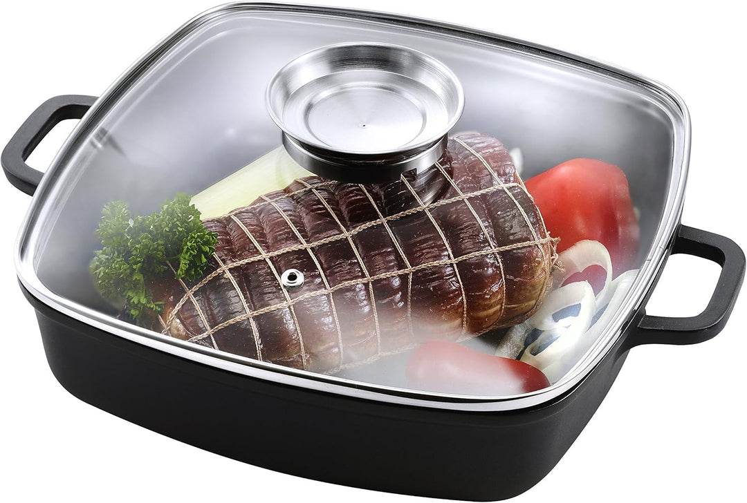 Kopf Bräter Santorin (Aluguss, 3,8 Liter, inkl. Glasdeckel mit Aromaknopf, Induktion) schwarz, 3,8 L