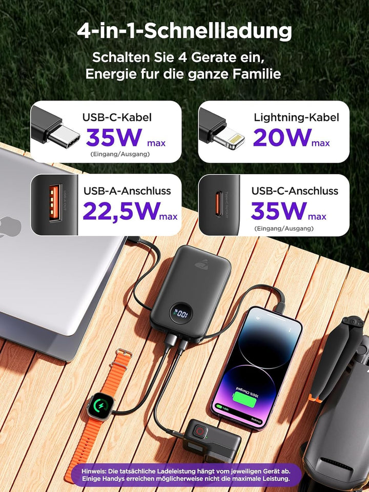 Aioneus Power Bank 20000mAh, 35W USB-C PD Schnellladefunktion PowerBank mit integrierten Kabeln (USB