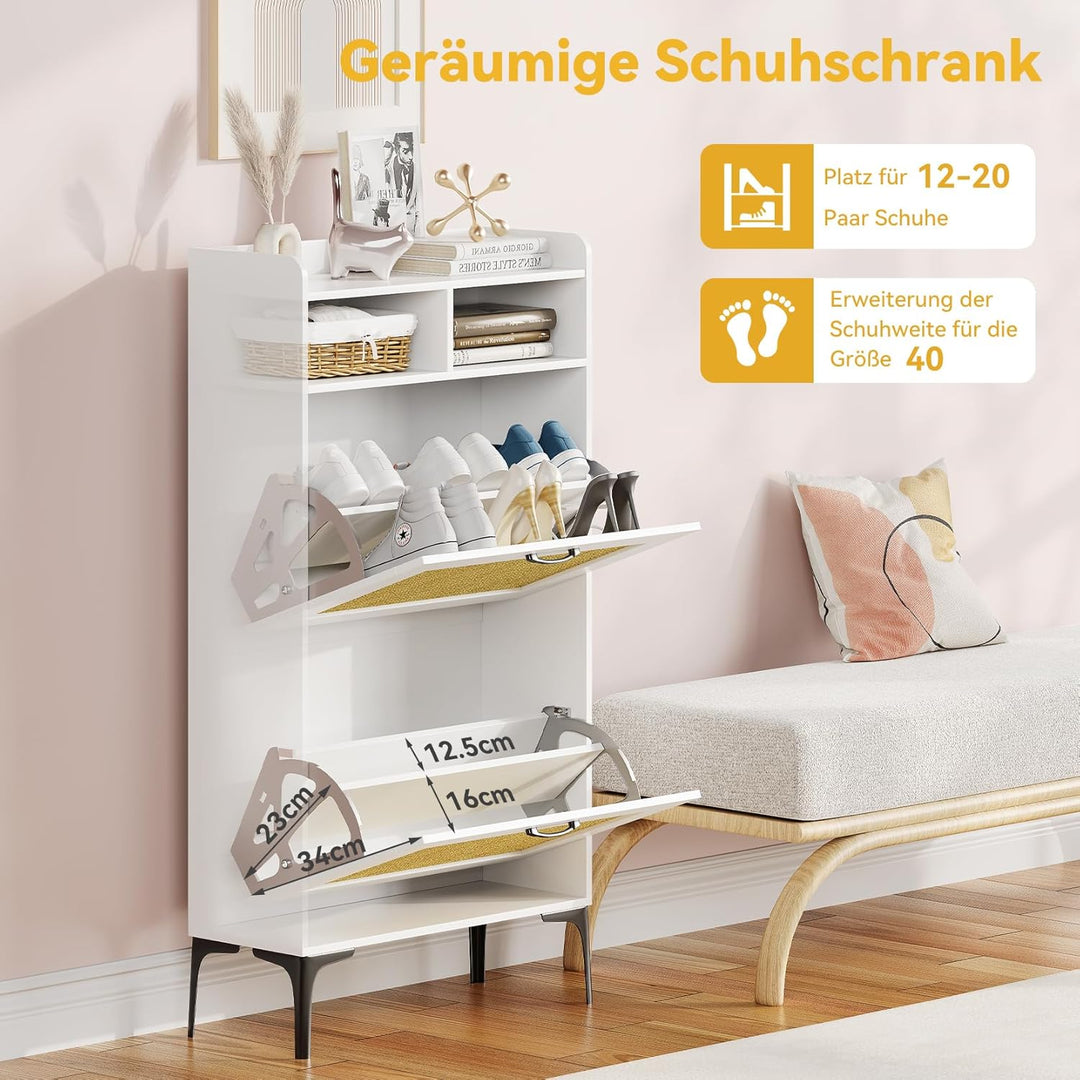 Dripex Schuhschrank schmal, Schuhkipper mit Rattan-Dekor, mit 2 Flip-Schubladen,Schuhregal schmal mi