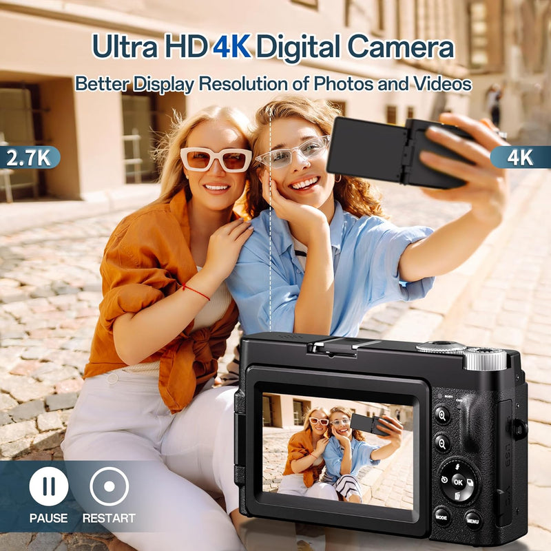 Digitalkamera 4K, 48MP 16X Autofokus Digitalzoom Fotokamera, 3 Zoll 180° Flip LCD Screen HD Kompakte