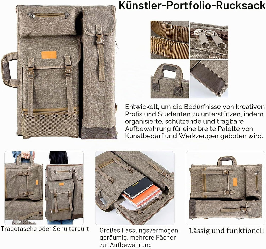 TRANSON Kunstmappe, Künstlerrucksack, Leinwandtasche, Gross 66 x 49,5 cm Braun, Braun