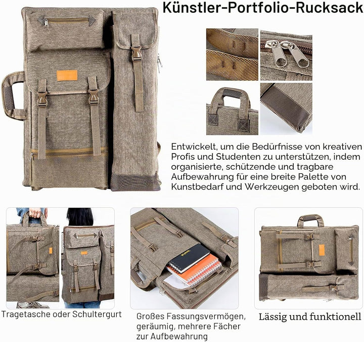 TRANSON Kunstmappe, Künstlerrucksack, Leinwandtasche, Gross 66 x 49,5 cm Braun, Braun