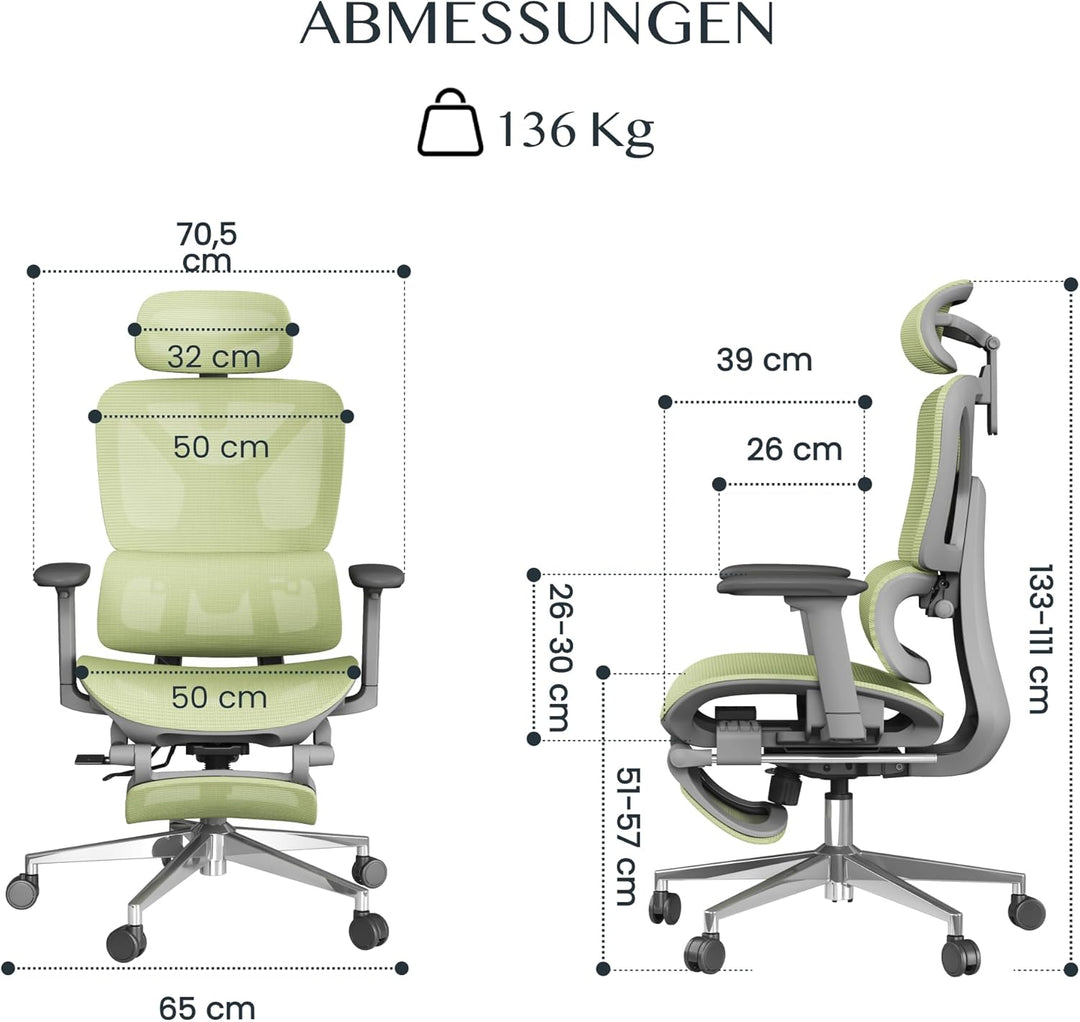 FLEXISPOT ErgoX Ergonomischer Bürostuhl mit Fussstütze Schreibtischstuhl, 3D-Armlehnen, 3D-Kopfstütz