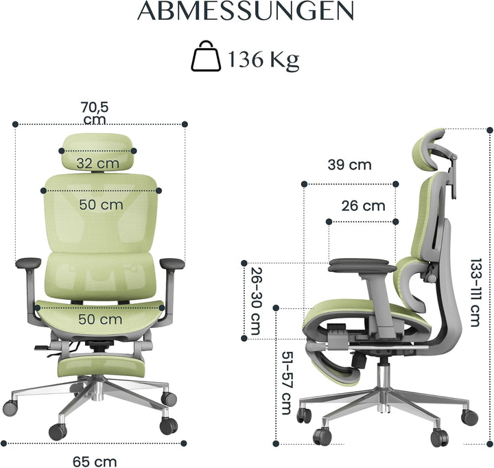 FLEXISPOT ErgoX Ergonomischer Bürostuhl mit Fussstütze Schreibtischstuhl, 3D-Armlehnen, 3D-Kopfstütz