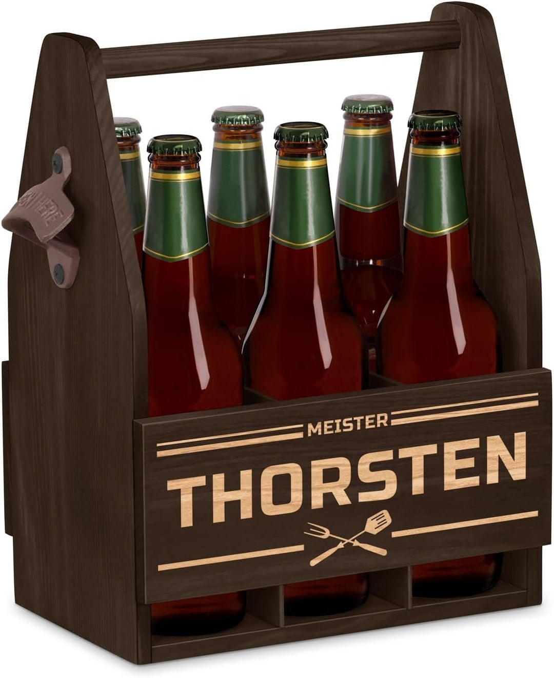Maverton Bierträger für 6 Flaschen 0,5L + Gravur - Männerhandtasche mit Flaschenöffner - Grösse: 25x