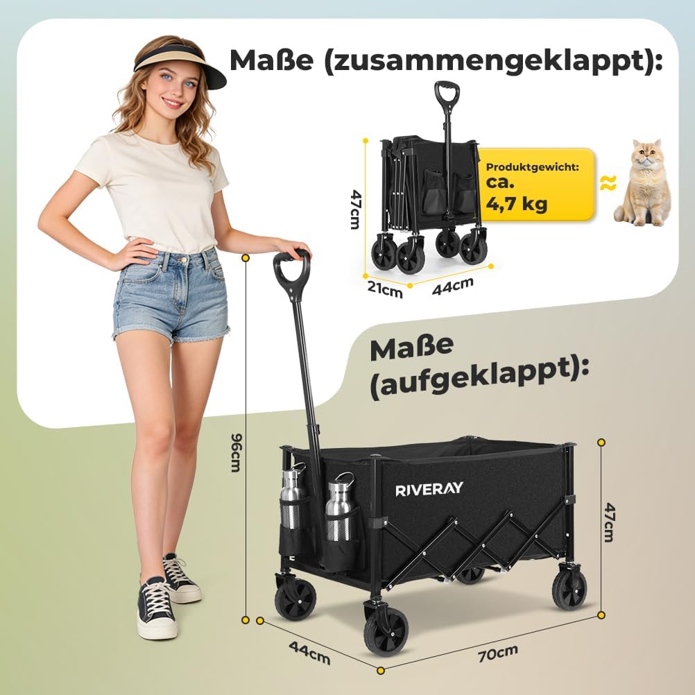 Bollerwagen Faltbar 120L 120KG, Klappbarer Bollerwagen mit Abnehmbarer Stofftasche Verstellbarem Gri