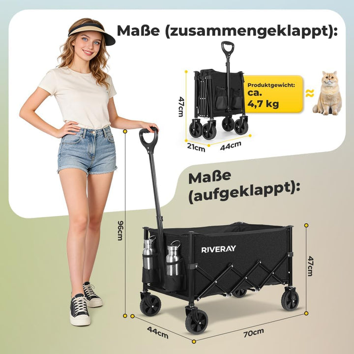 Bollerwagen Faltbar 120L 120KG, Klappbarer Bollerwagen mit Abnehmbarer Stofftasche Verstellbarem Gri