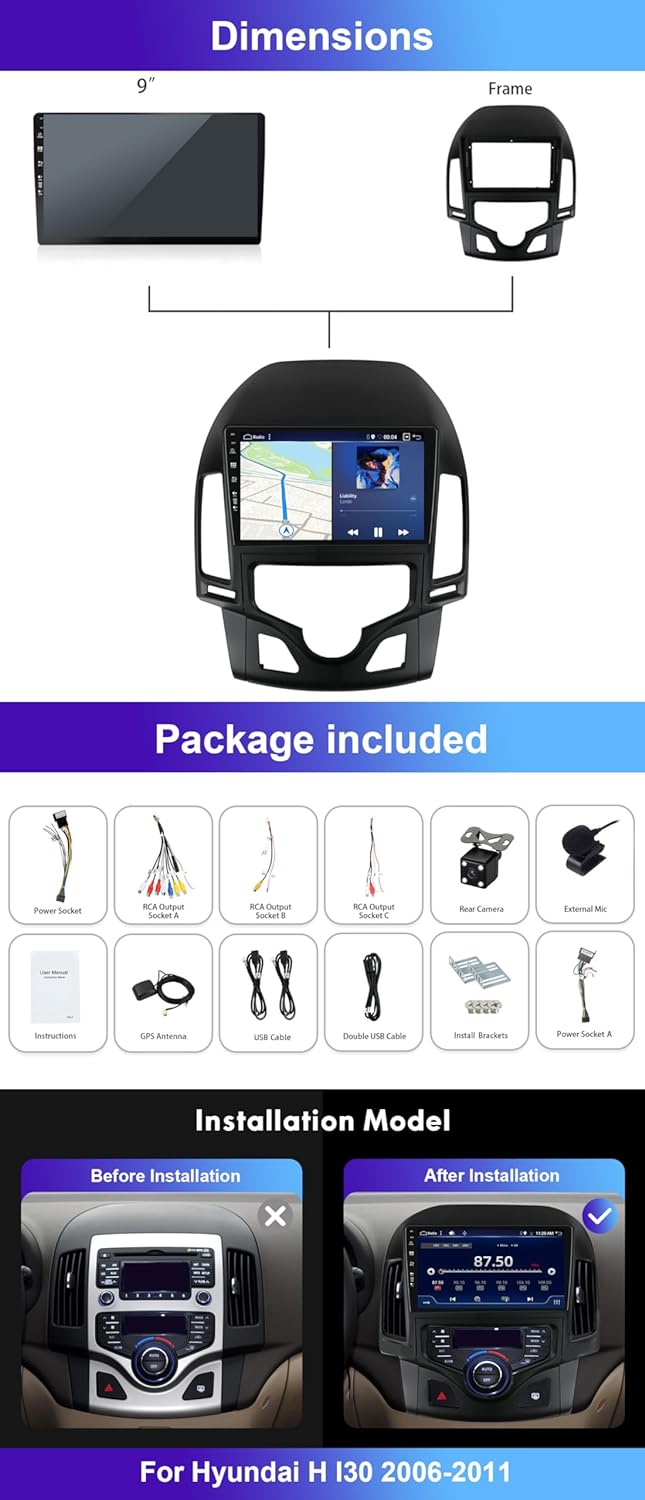 9 Zoll Android 12 Autoradio für Hyundai I30 2006–2011, GPS-frei, 2 Din Rückfahrkamera, Carplay, DSP-