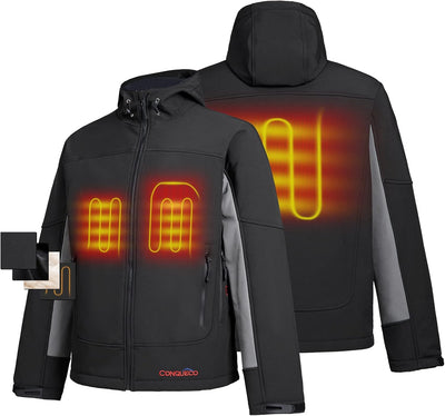 CONQUECO Herren Beheizte Jacken Wasserdicht Winddicht warm Softshell Winterjacke mit 10000mah Akku u