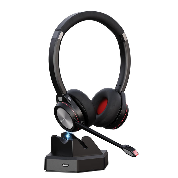 Bluetooth Headset mit Mikrofon Noise Canceling, Wireless Headset mit Ladestation & USB Dongle für PC