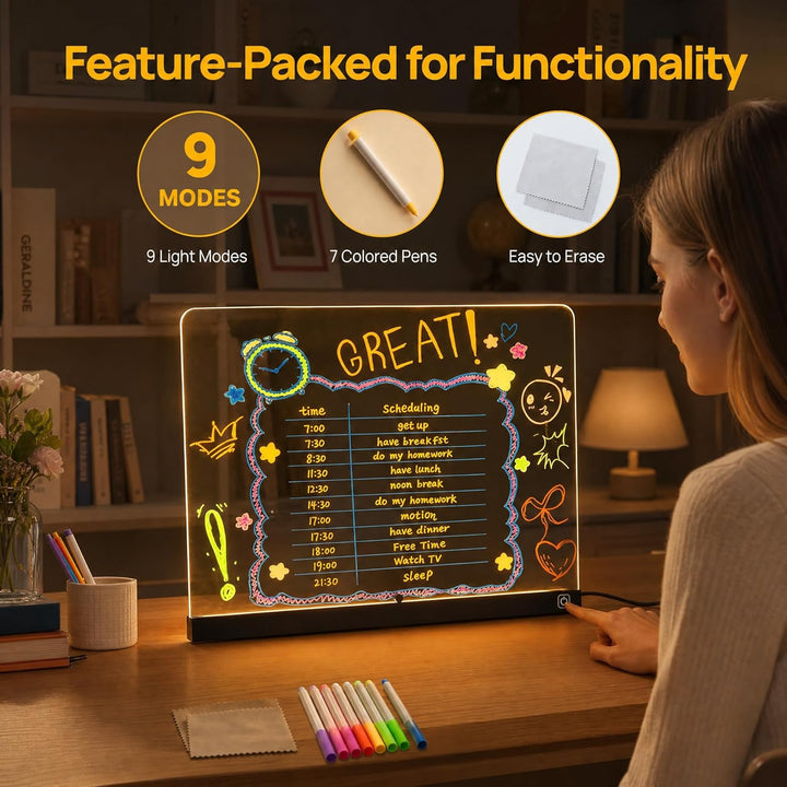 LED Zeichenbrett für Kinder, Leuchtendes LED Zeichenbrett mit 7 Farbstifte & 9 Lichteffekte, 35x26 c