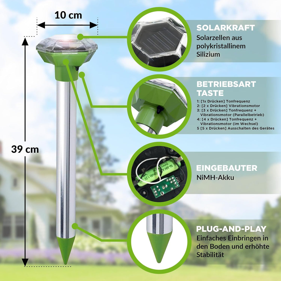 ISOTRONIC Maulwurfabwehr zum Vertreiben von Maulwürfen, Wühlmäusen & Schlangen – Solar Maulwurfschre