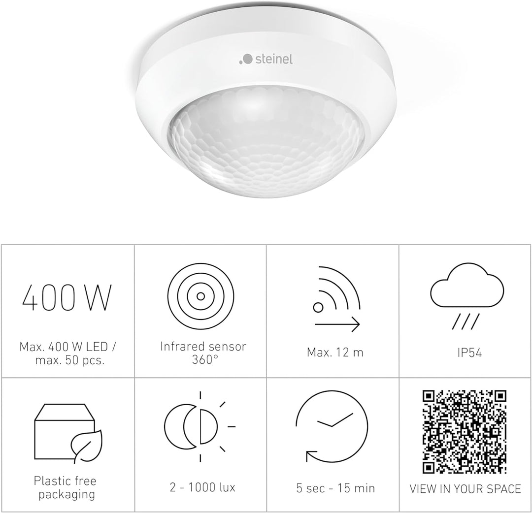 Steinel Bewegungsmelder IS 360-3 weiss, 2000 W Schaltlast, 360° PIR Sensor, 12 m Reichweite, LED gee