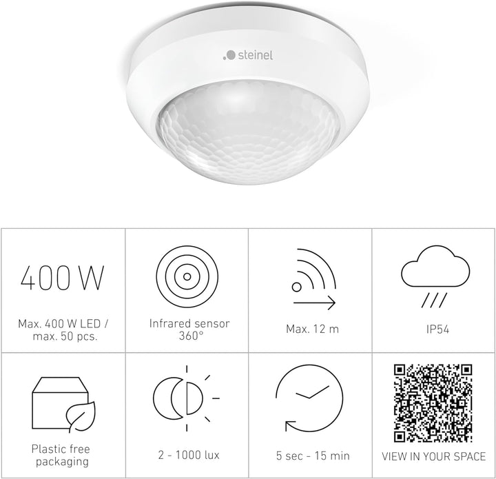 Steinel Bewegungsmelder IS 360-3 weiss, 2000 W Schaltlast, 360° PIR Sensor, 12 m Reichweite, LED gee