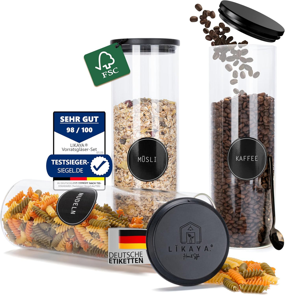 LIKAYA® Vorratsgläser 3er-Set – 2000ml Glasbehälter mit FSC® Pinienholz-Deckel | Inkl. Metalllöffel,
