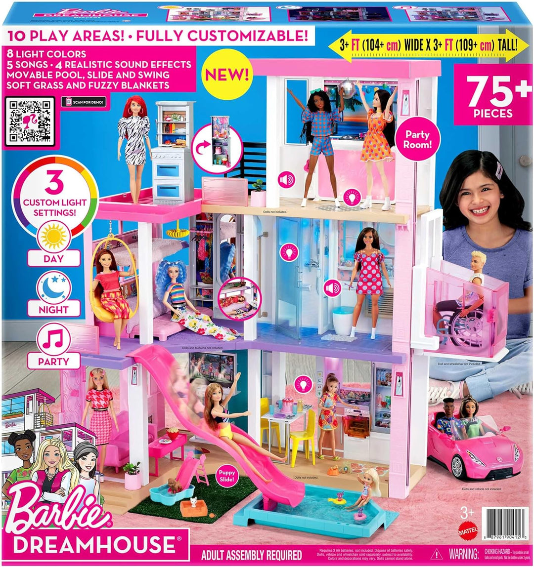 Barbie Dream House (114 cm), 3-stöckiges Puppenhaus mit Barbie-Pool, Rutsche, Barbie-Rollstuhllift,