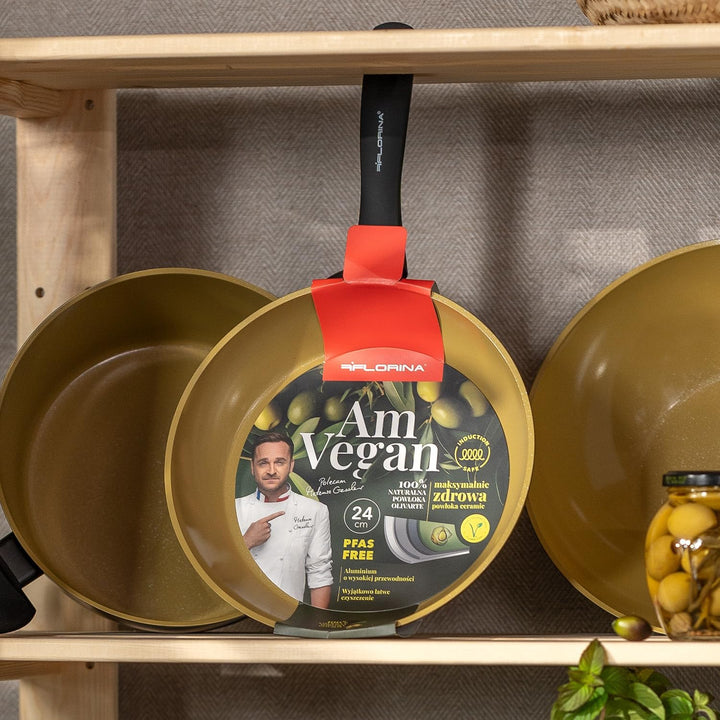 FLORINA AMVEGAN Aluminiumtopf 26 cm I 4,8L I Hohe Haltbarkeit I Glasdeckel I Olivenöl-Keramikbeschic