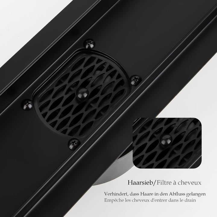 Duschrinne 30 cm Komplettset Schwarz, Edelstahl Ablaufrinne, Extra flache befliesbare Duschrinne mit