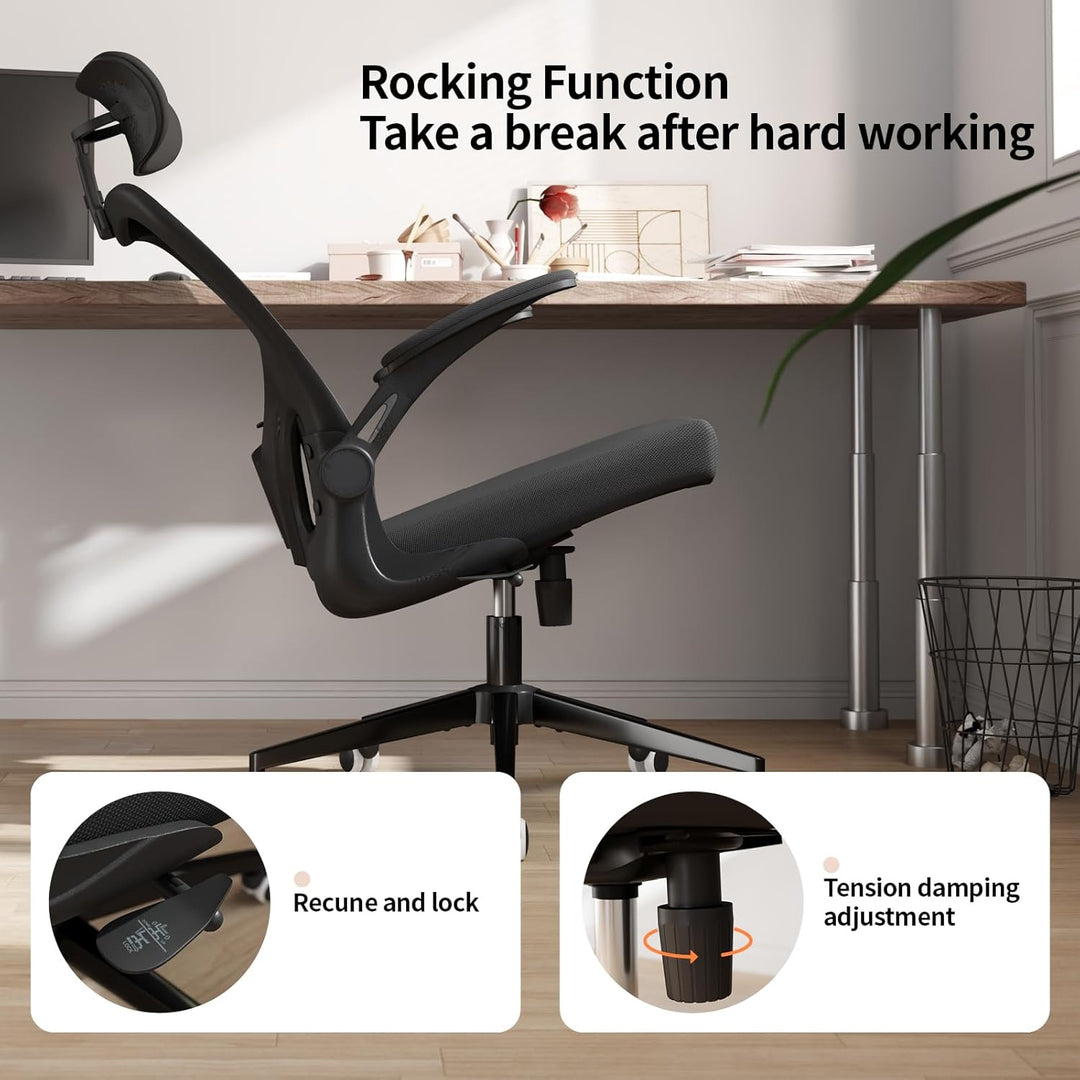 Monhey Ergonomischer Bürostuhl – Verstellbarer Schreibtischstuhl mit Lendenstütze, Kopfstütze, klapp