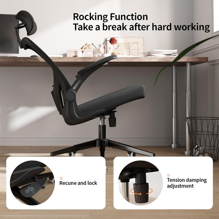 Monhey Ergonomischer Bürostuhl – Verstellbarer Schreibtischstuhl mit Lendenstütze, Kopfstütze, klapp