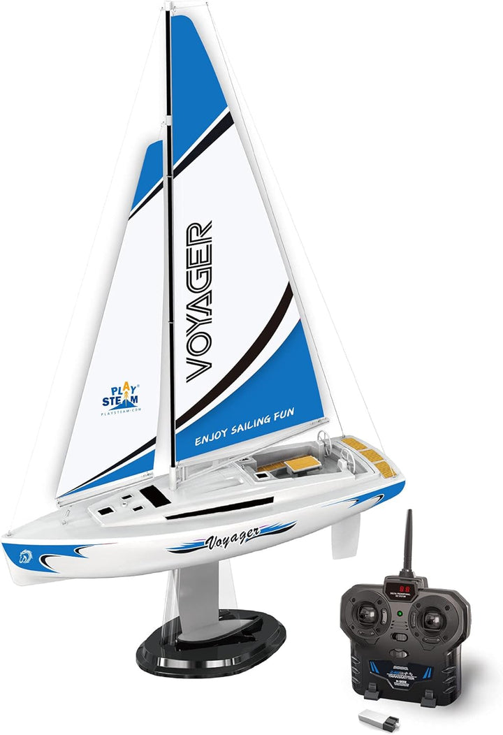 PLAYSTEAM Voyager 280 RC Controlled Wind Powered Sailboat in Blue - 14" Tall