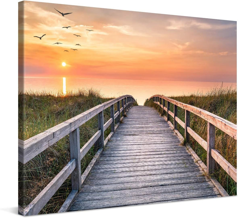 PICANOVA – Bild auf Leinwand Holzweg zum Meer 80x60cm – Leinwandbild – Premium Leinwanddruck – Wandb