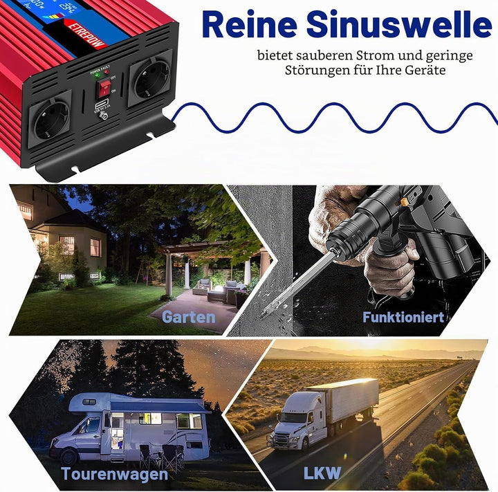 ETREPOW 3500w Spannungswandler 12v Auf 230v Reiner Sinus Wechselrichter mit 2 EU-Steckdose und Einer