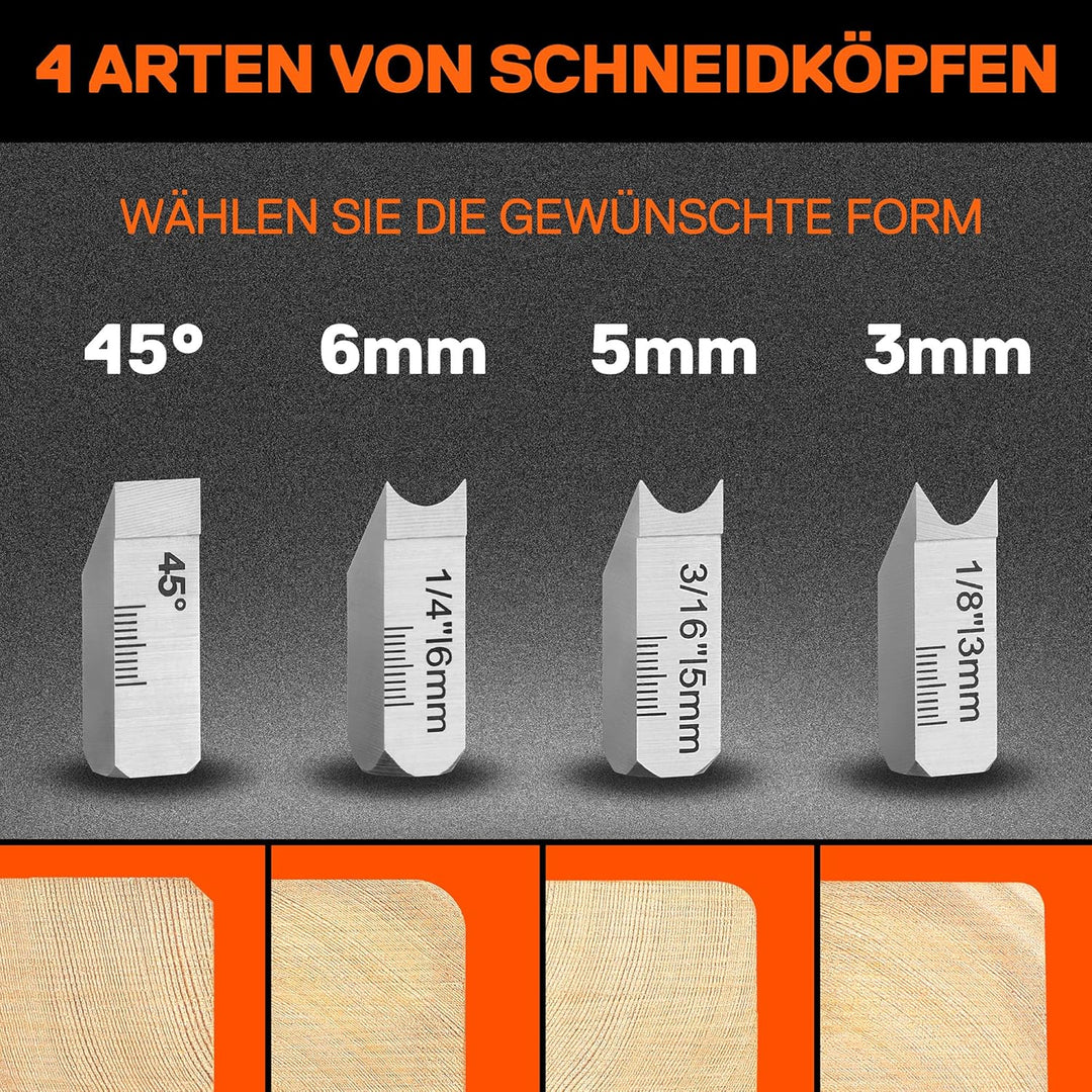 JORGENSEN Kantenhobel Holz mit 4 Schneidköpfen 45°/3/5/6mm, Fasenhobel Eckhobel für Holzbearbeitung,
