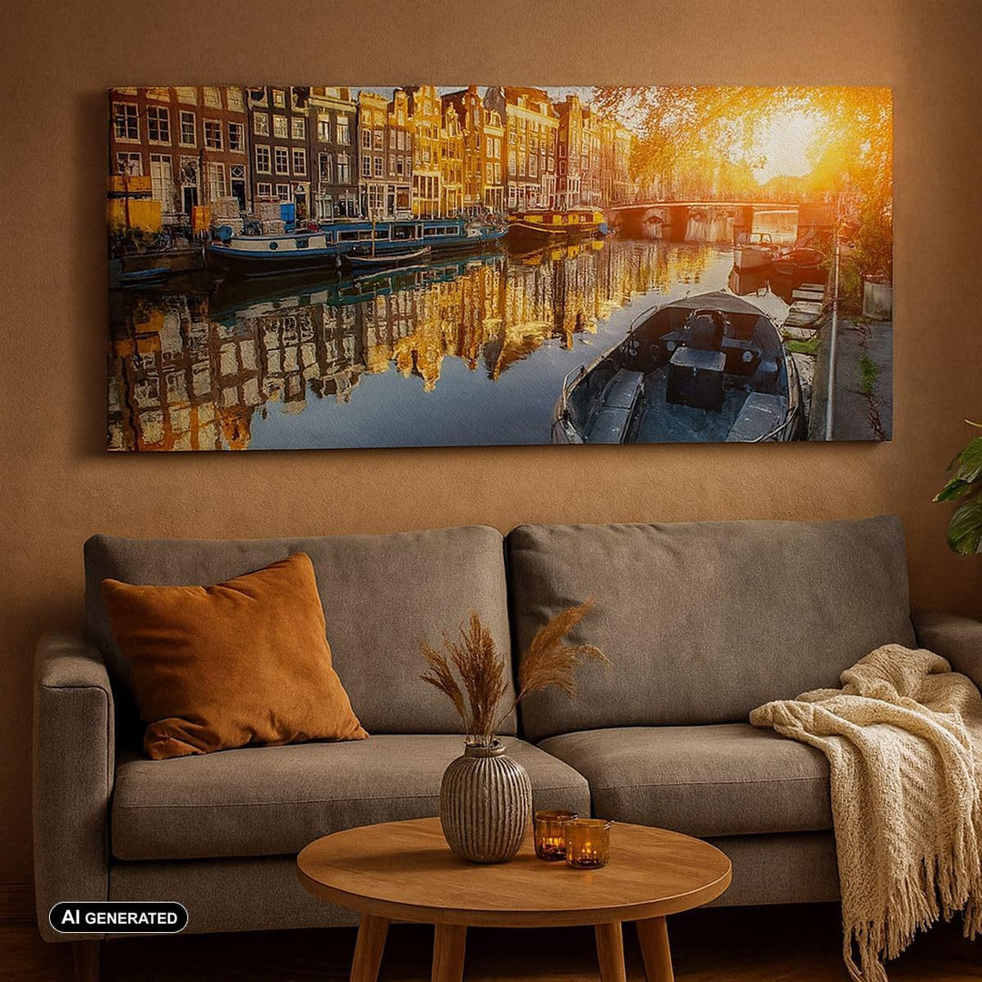 Wandbilder Dekoration Wohnzimmer Kanal Boot Amsterdam Wasser Panorama Bilder auf Leinwand 120x50cm L