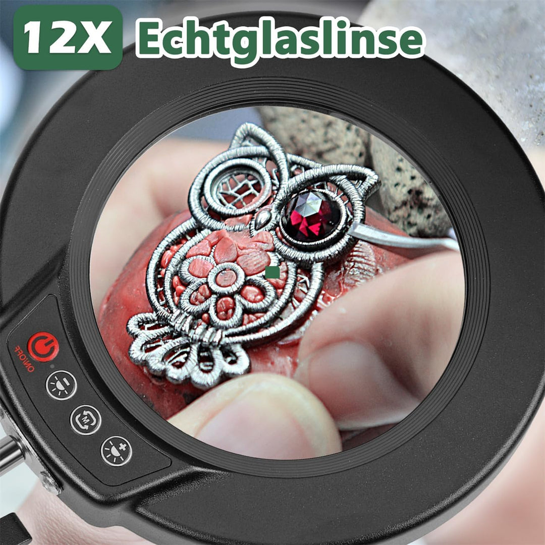 10X Lupe mit Licht und Ständer, Echter Glaslinse 2-in-1 Lupenlampe und Klemme, LED Beleuchtete Lupe