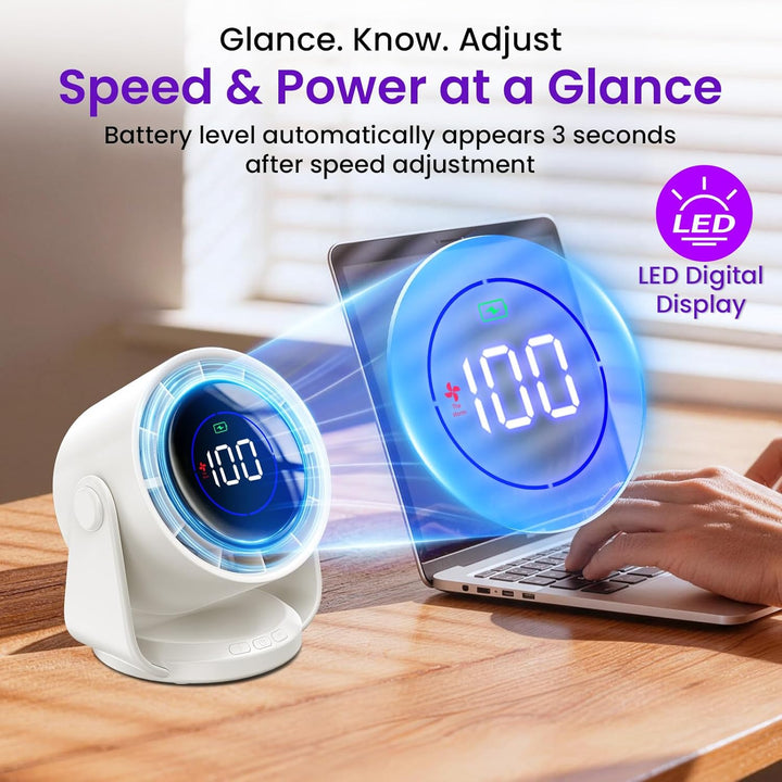 Tischventilator, Batterie USB Ventilator mit 11 Geschwindigkeitsstufen, 105°-Schwenkfunktion, LED-Di